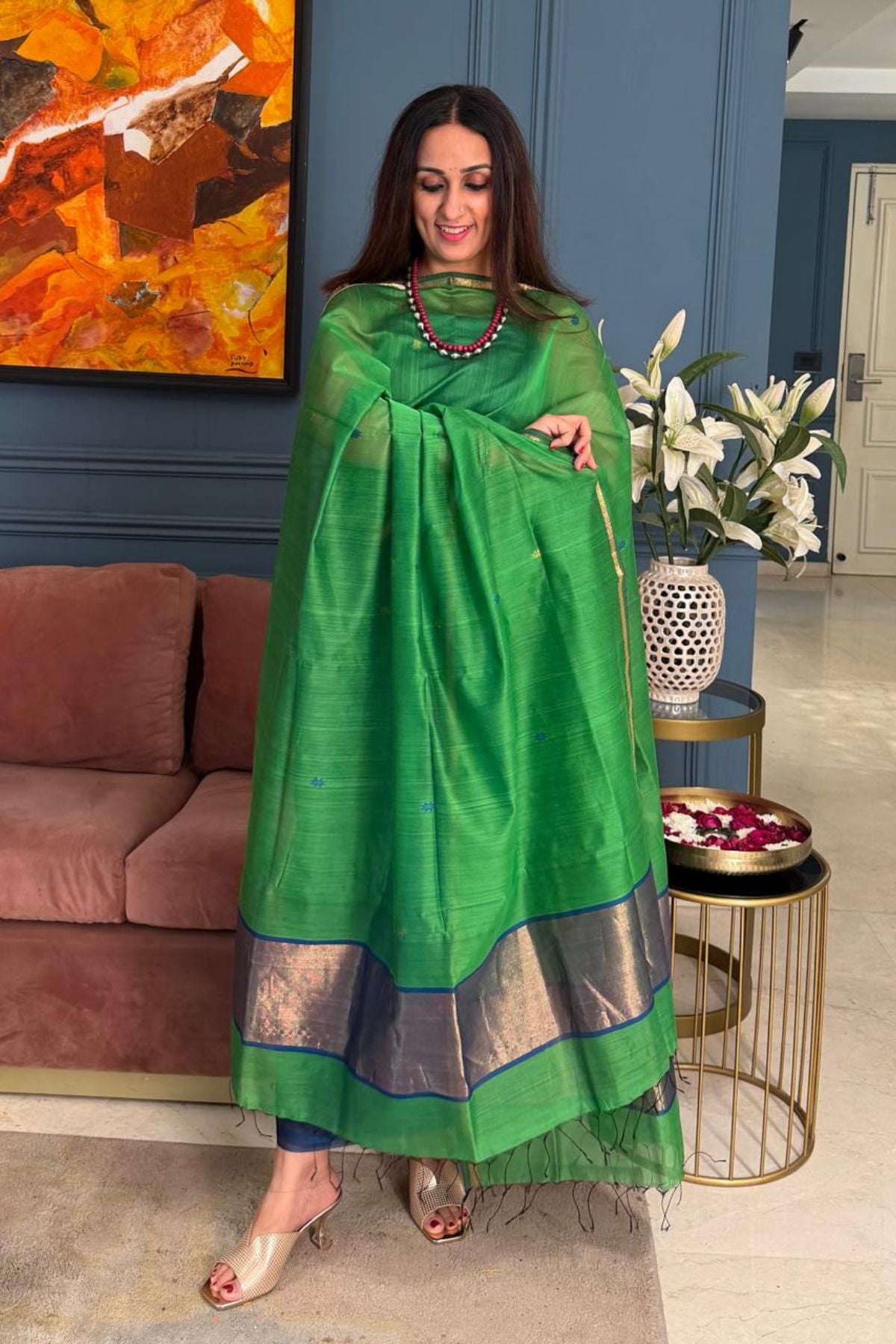 Maheshwari handloom silk by cotton kurta dupatta set